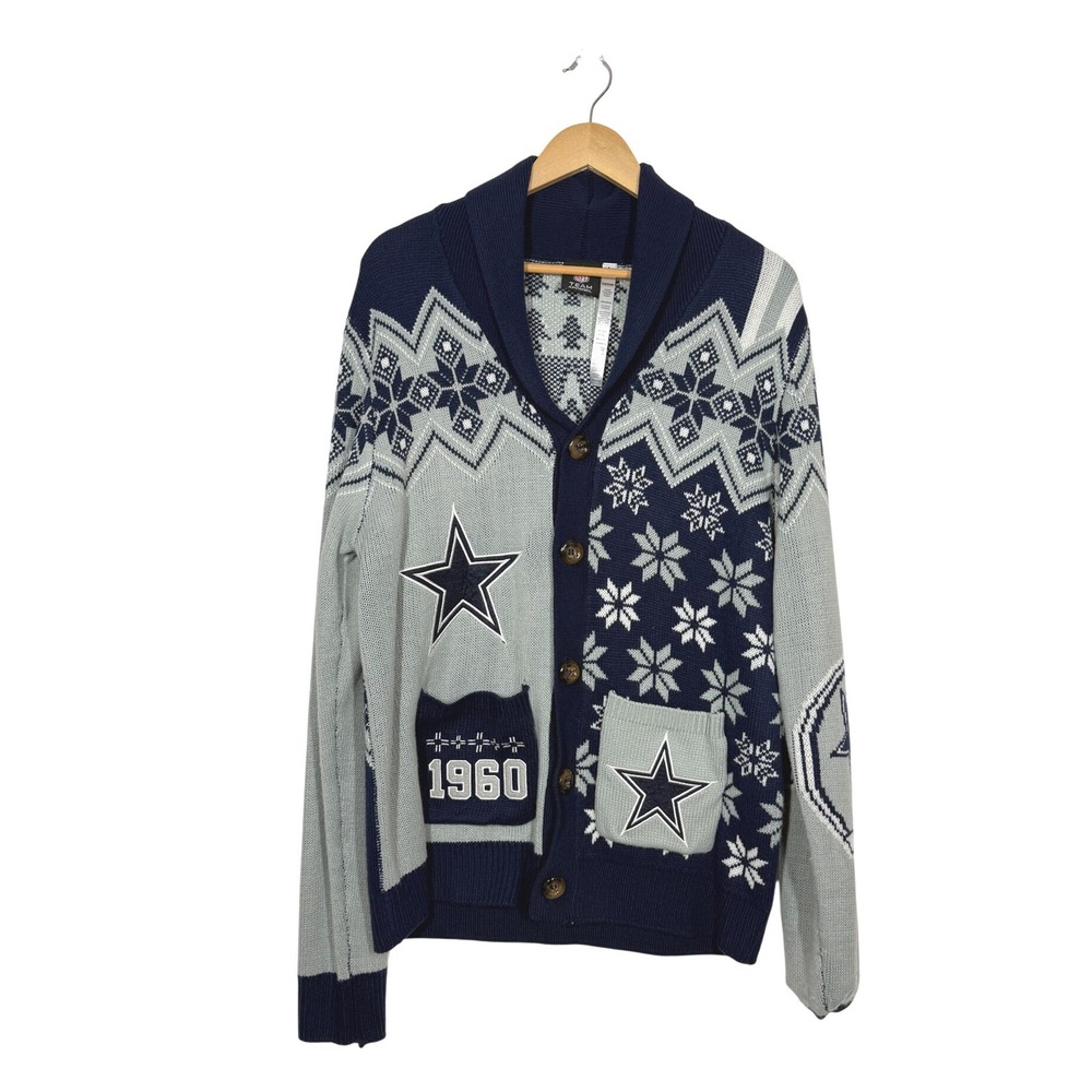 NFL Dallas Cowboys Cardigan Mens L Grey Navy Shawl Collar Fan Sweater Football